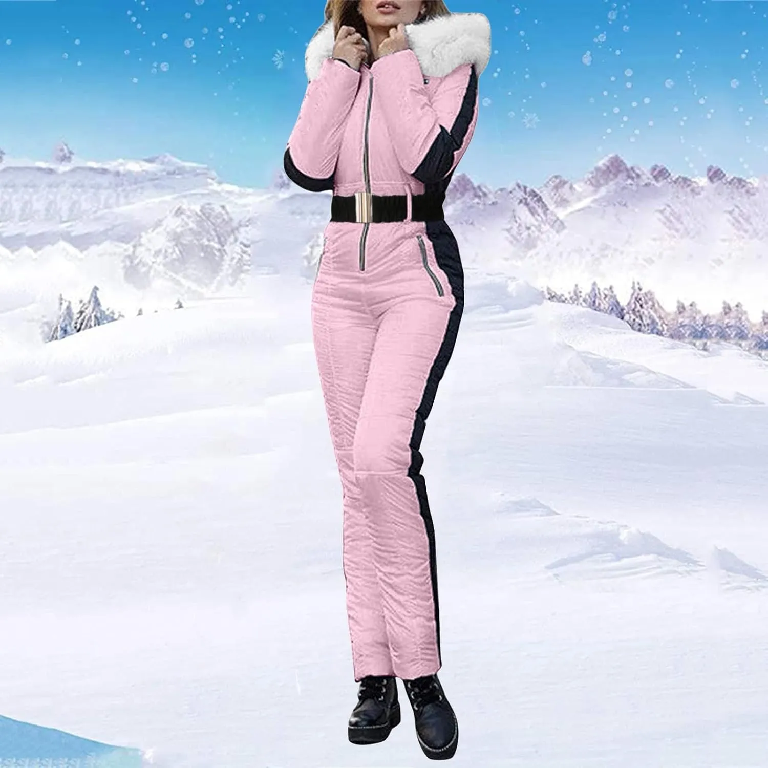 Women Winter One Piece Ski Suits Outdoor Sports Snowsuit Fur Collar Coat Jumpsuit with Hoodies Ski Jackets and Pants