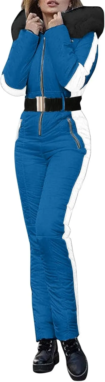 Women Winter One Piece Ski Suits Outdoor Sports Snowsuit Fur Collar Coat Jumpsuit with Hoodies Ski Jackets and Pants
