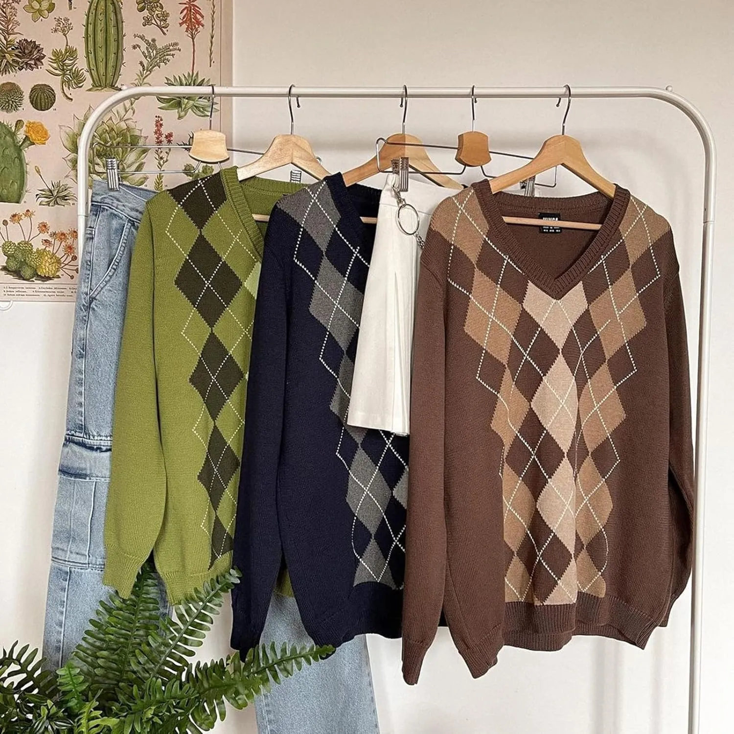 Women Y2K Argyle Striped Pullover Sweater Casual Long Sleeve Round Neck Vintage Preppy Style Pullover Knitwear