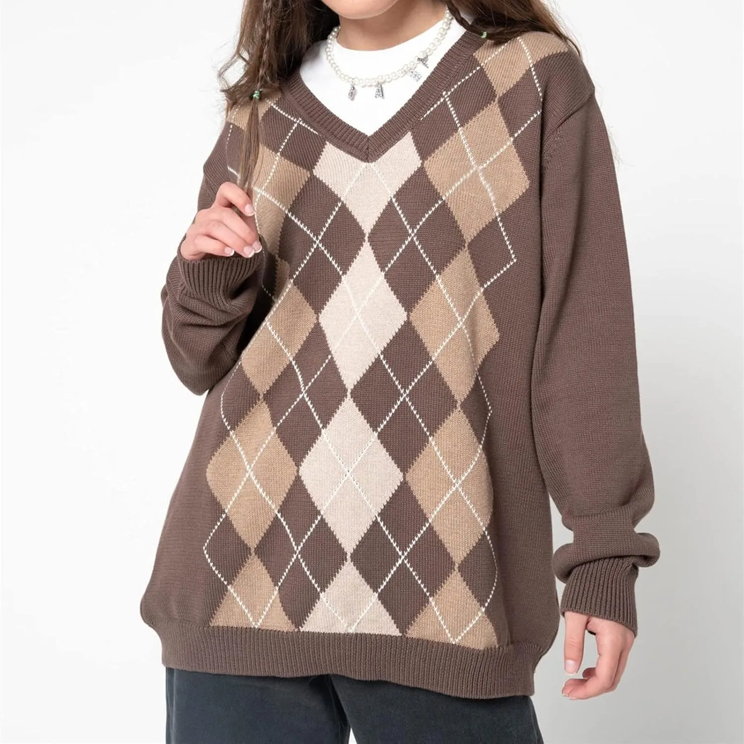 Women Y2K Argyle Striped Pullover Sweater Casual Long Sleeve Round Neck Vintage Preppy Style Pullover Knitwear