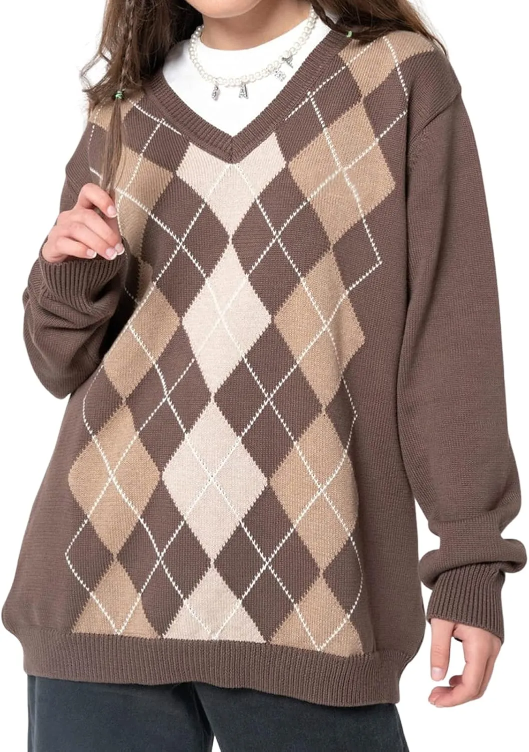 Women Y2K Argyle Striped Pullover Sweater Casual Long Sleeve Round Neck Vintage Preppy Style Pullover Knitwear