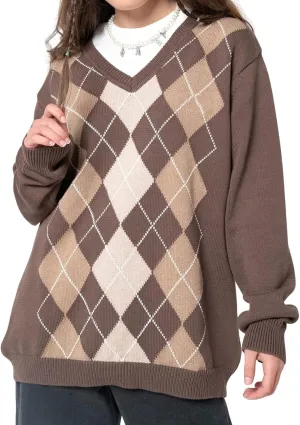 Women Y2K Argyle Striped Pullover Sweater Casual Long Sleeve Round Neck Vintage Preppy Style Pullover Knitwear