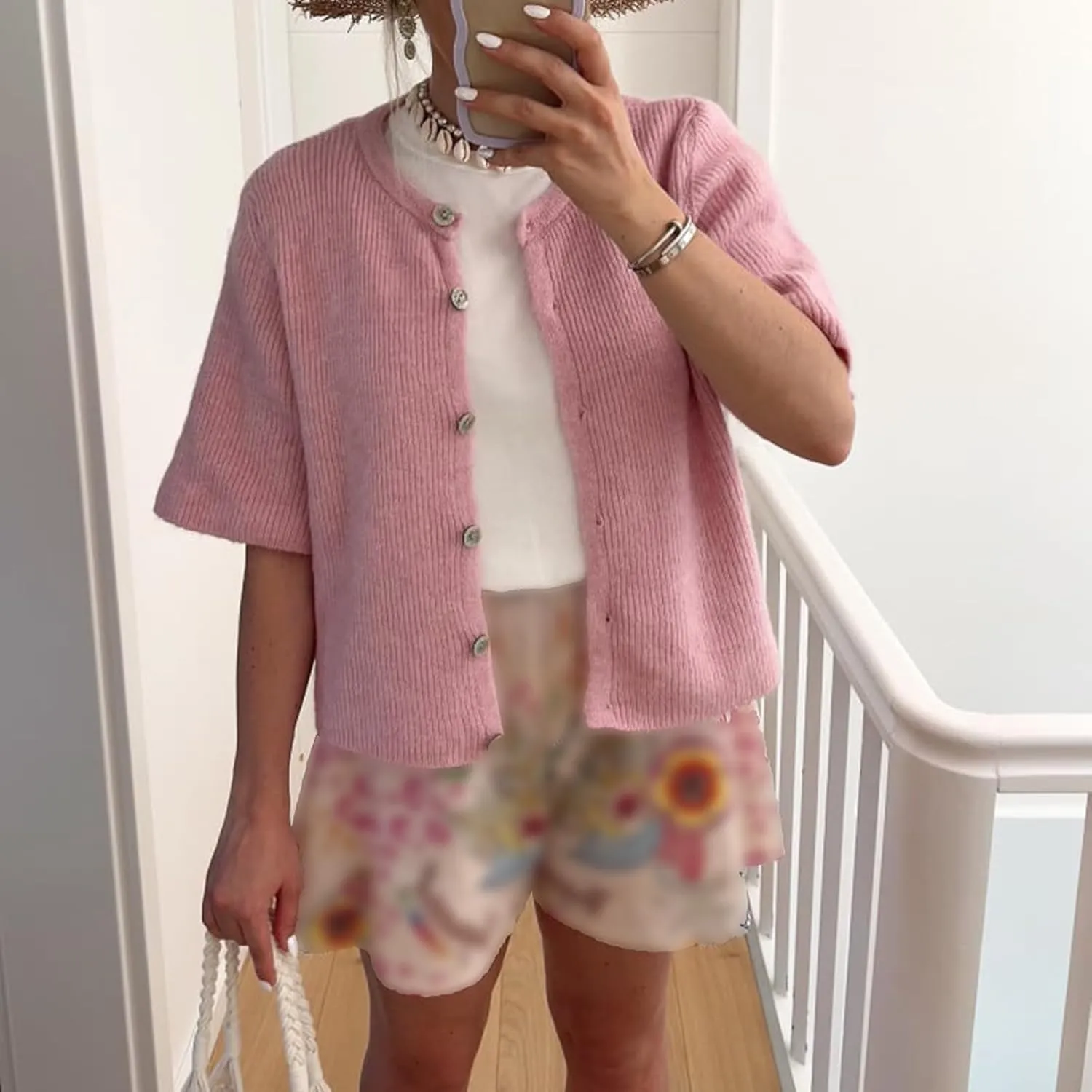 Women Y2K Button Down Sweater Cardigan Knit Crew Neck Short Sleeve Open Front Sweater Lightweight Knitwear Crop Top