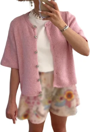 Women Y2K Button Down Sweater Cardigan Knit Crew Neck Short Sleeve Open Front Sweater Lightweight Knitwear Crop Top