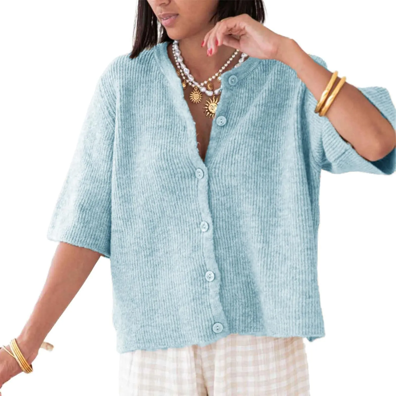 Women Y2K Button Down Sweater Cardigan Knit Crew Neck Short Sleeve Open Front Sweater Lightweight Knitwear Crop Top