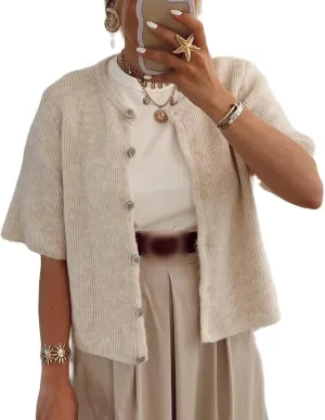 Women Y2K Button Down Sweater Cardigan Knit Crew Neck Short Sleeve Open Front Sweater Lightweight Knitwear Crop Top