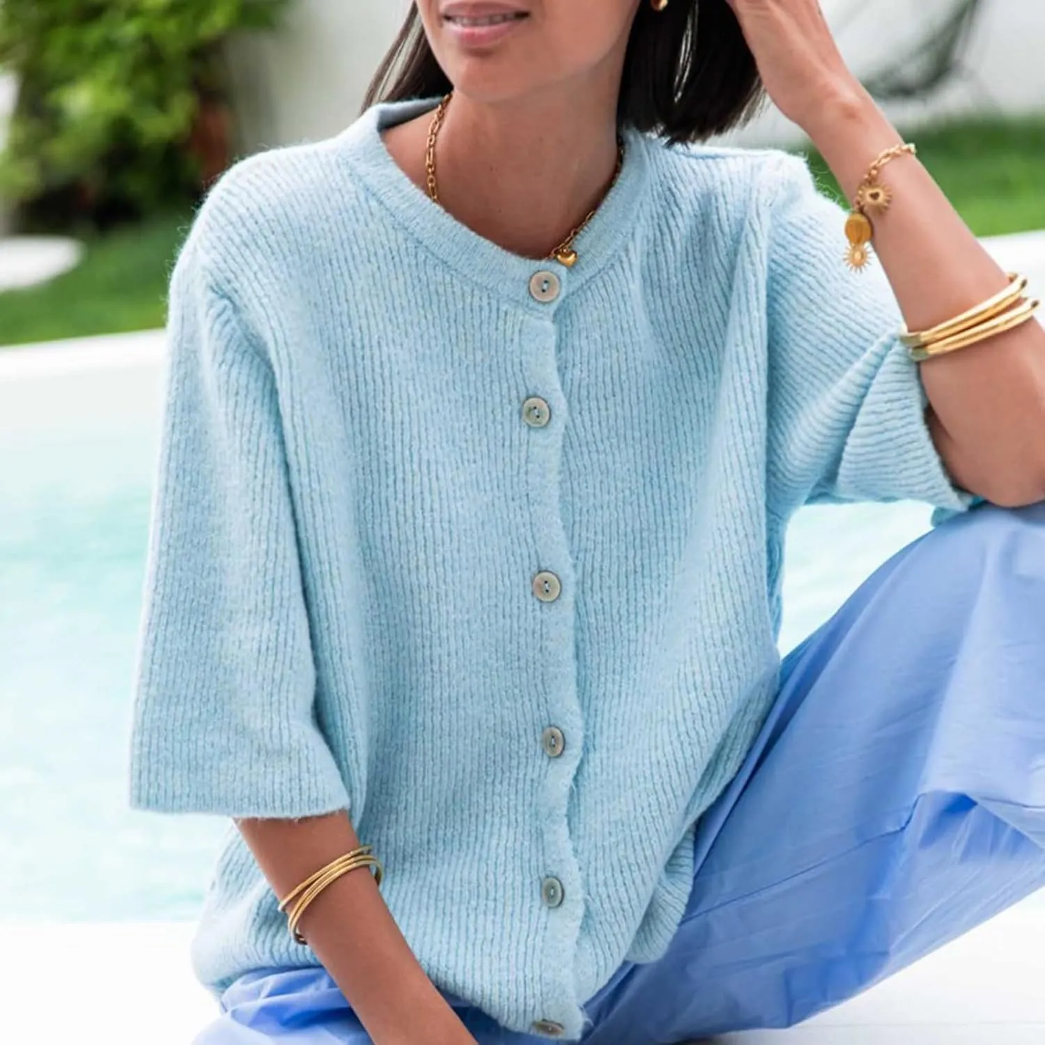 Women Y2K Button Down Sweater Cardigan Knit Crew Neck Short Sleeve Open Front Sweater Lightweight Knitwear Crop Top