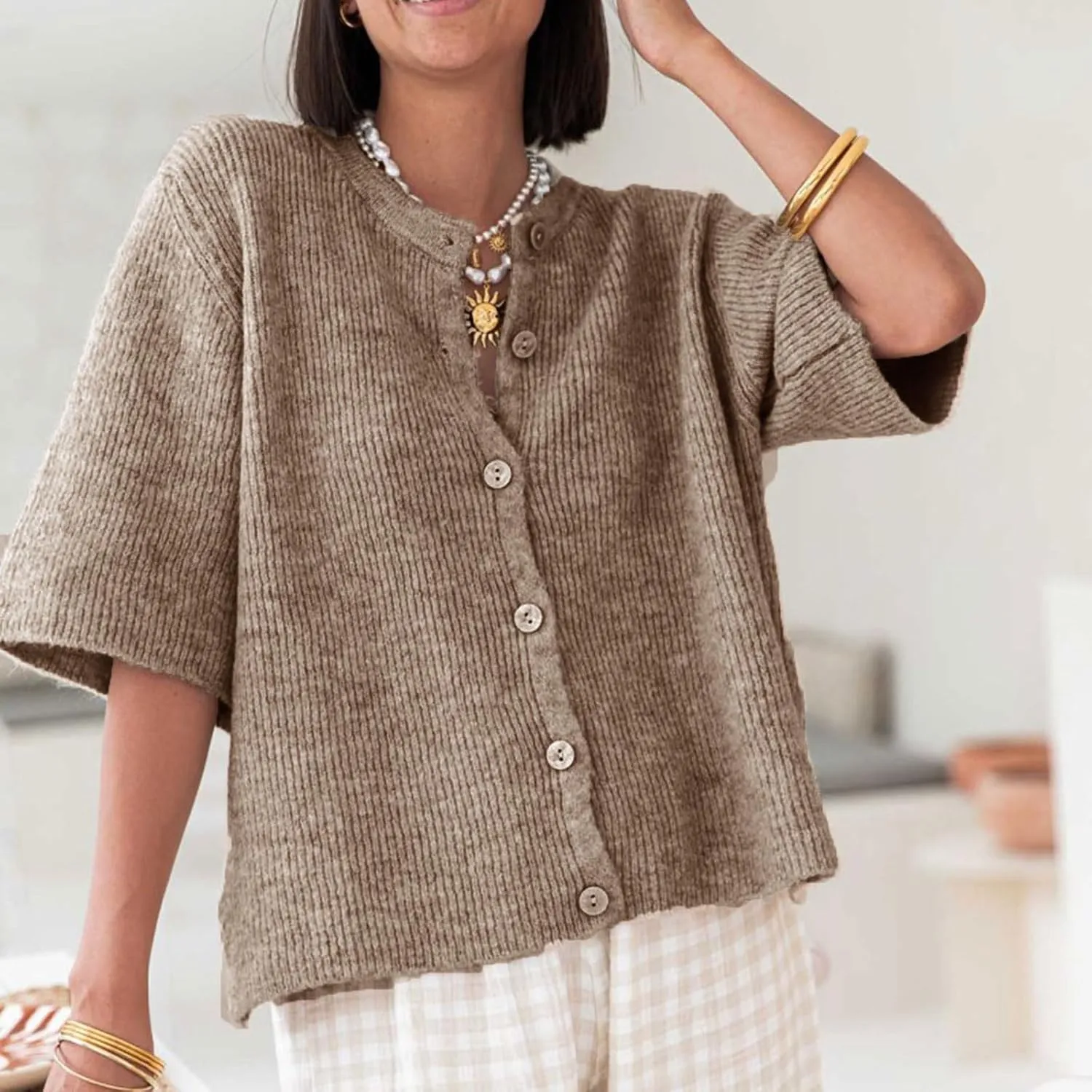 Women Y2K Button Down Sweater Cardigan Knit Crew Neck Short Sleeve Open Front Sweater Lightweight Knitwear Crop Top
