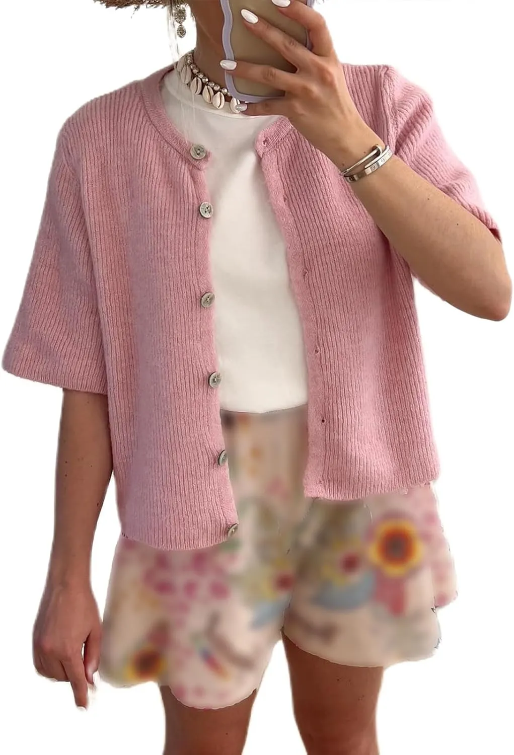 Women Y2K Button Down Sweater Cardigan Knit Crew Neck Short Sleeve Open Front Sweater Lightweight Knitwear Crop Top