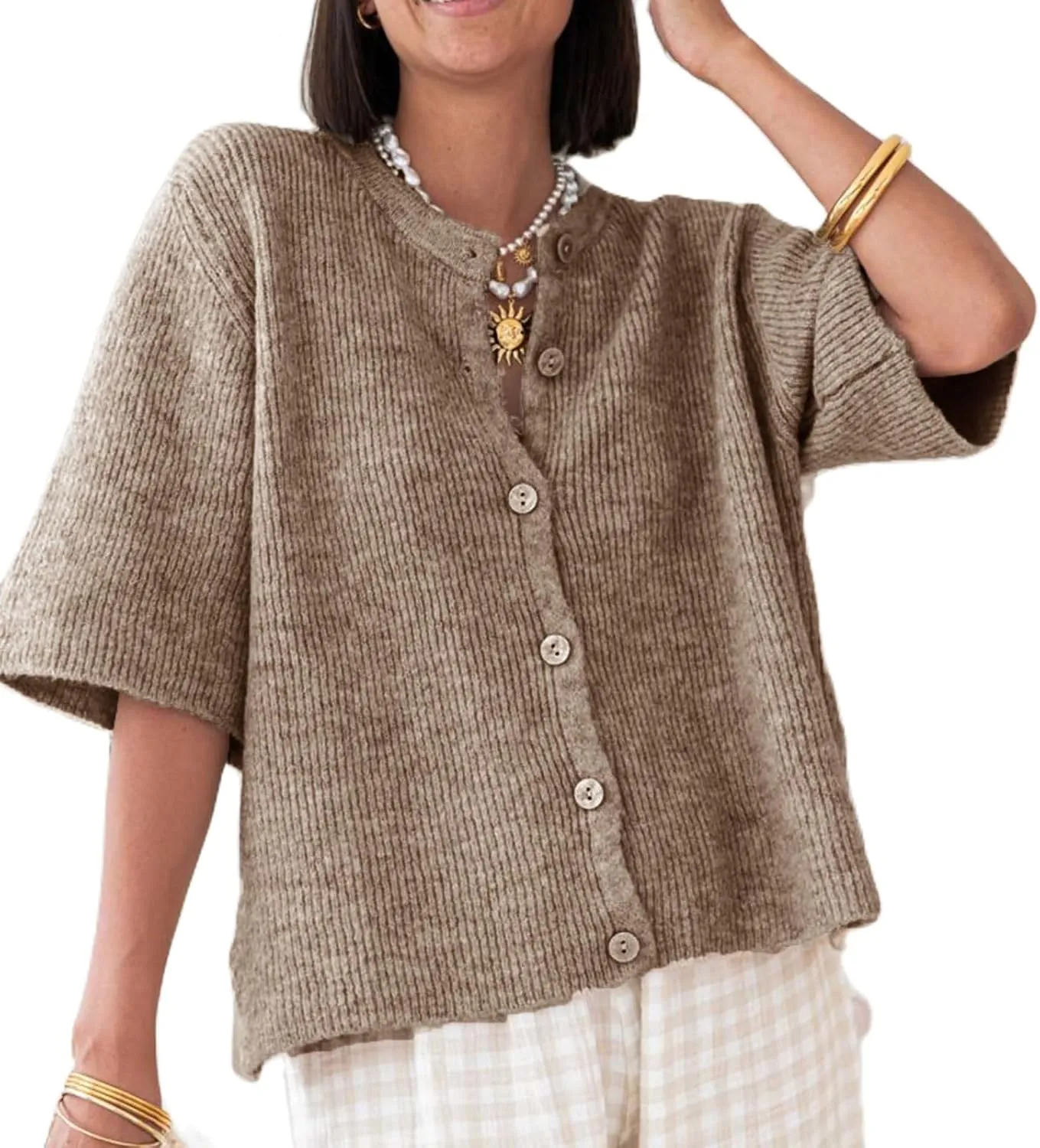 Women Y2K Button Down Sweater Cardigan Knit Crew Neck Short Sleeve Open Front Sweater Lightweight Knitwear Crop Top