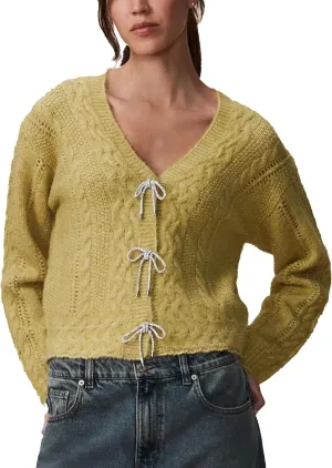 Women Y2K Solid Color Knit Cardigan Long Sleeve V Neck Bow Button Open Front Sweater Top Vintage Going Out Knitwear