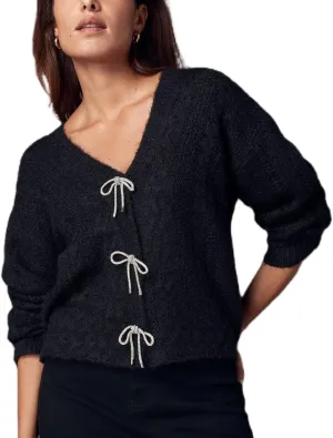 Women Y2K Solid Color Knit Cardigan Long Sleeve V Neck Bow Button Open Front Sweater Top Vintage Going Out Knitwear