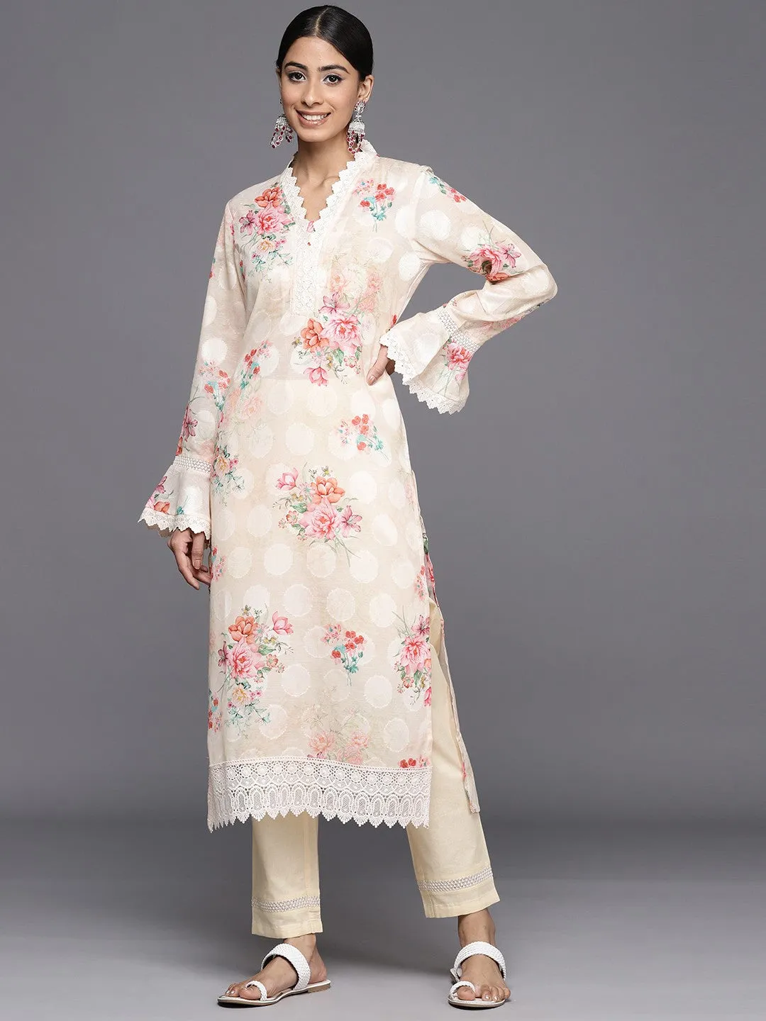 Women Yellow Floral Printed Regular Chikankari Kurta with Trousers