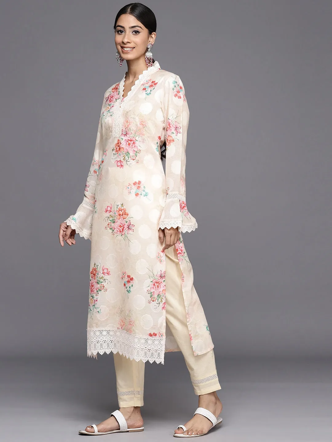 Women Yellow Floral Printed Regular Chikankari Kurta with Trousers