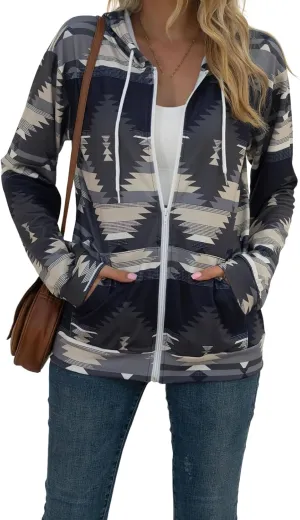 Women's Aztec Pattern Western Coats Ethnic Style Hooded Sweatshirts Casual Long Sleeve Zip Up Vintage Jackets