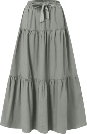 Womens Boho Flowy Dress Maxi Long Skirt Elastic High Waist Pleated A-Line Resort Wear Swing Asymmetric Bow