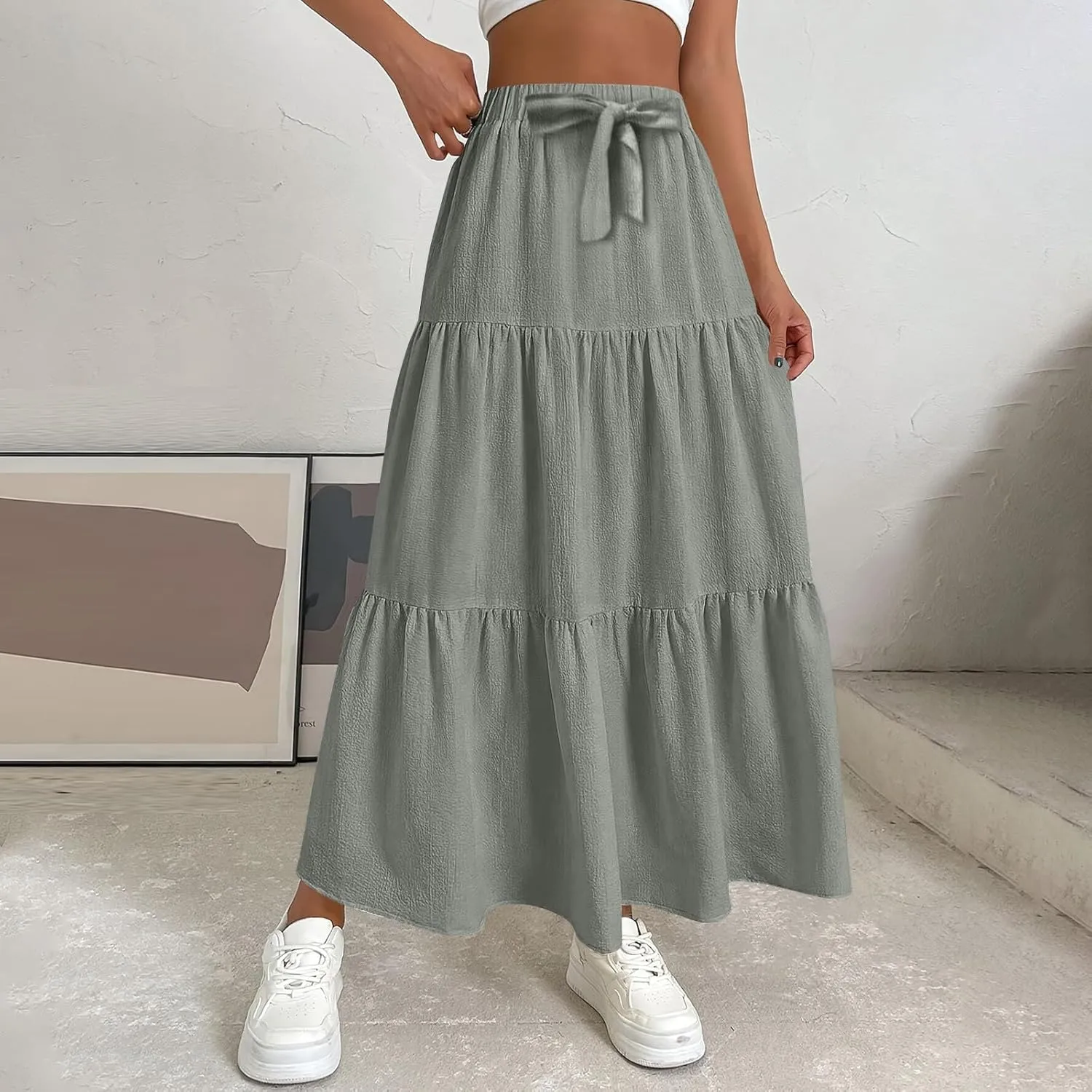 Womens Boho Flowy Dress Maxi Long Skirt Elastic High Waist Pleated A-Line Resort Wear Swing Asymmetric Bow