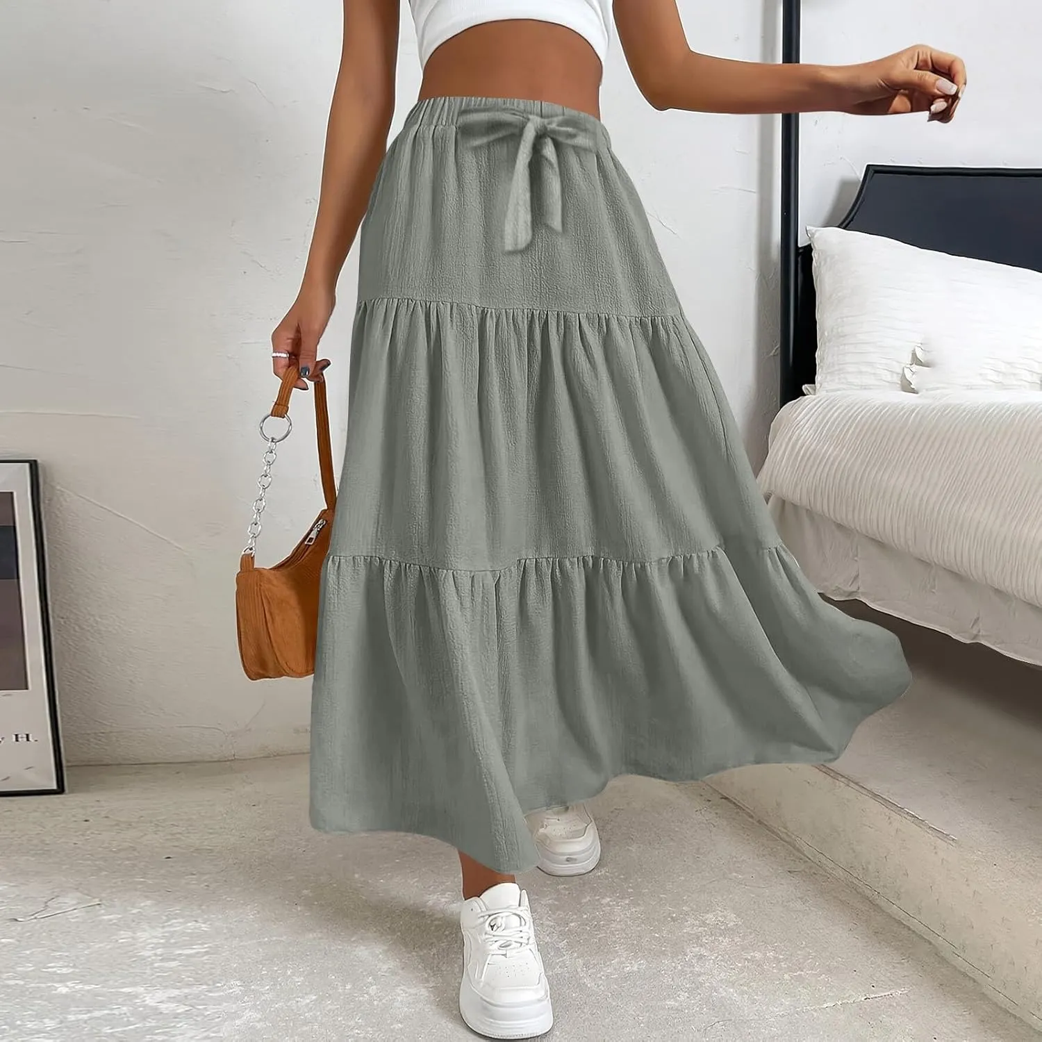 Womens Boho Flowy Dress Maxi Long Skirt Elastic High Waist Pleated A-Line Resort Wear Swing Asymmetric Bow