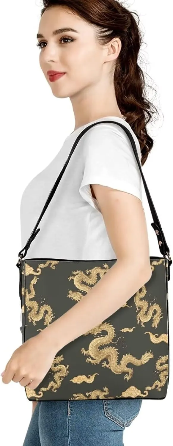 Women's Bucket Bag Boho Top Handle Shoulder Bag, Gothic Bucket Bag Vegan Leather Shoulder Purses for Women