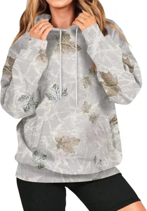 Women's Camo Hoodie Maple-Leaf Print Oversized Sweatshirt Fleece Hooded Sweatshirts with Pocket Classic Pullovers