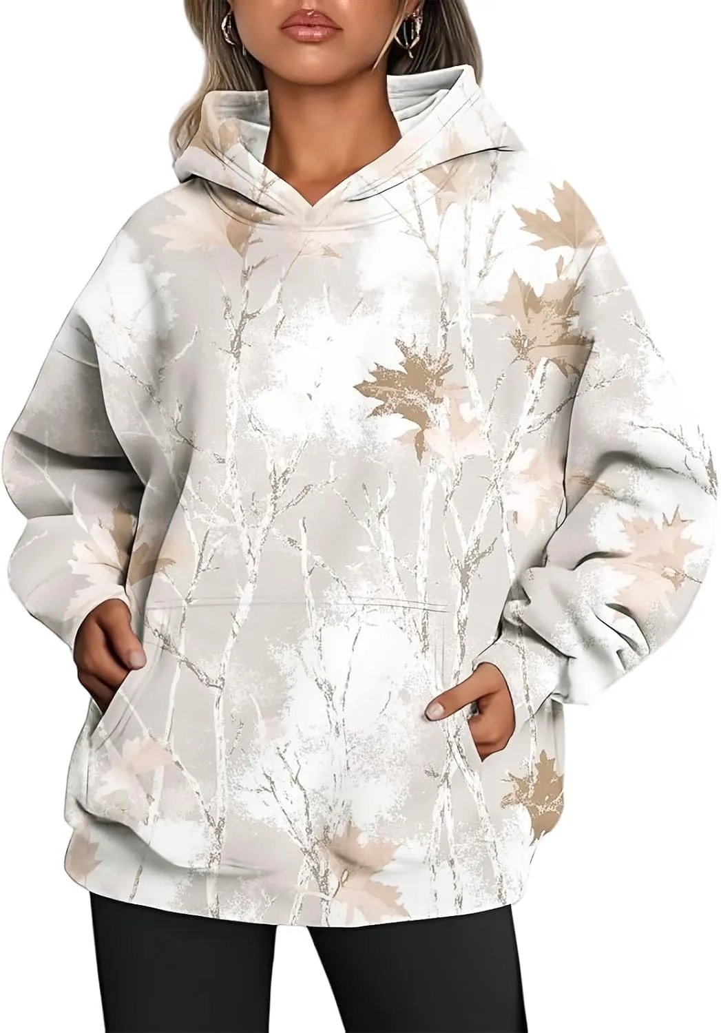 Womens Camo Hoodies Maple Leaf Print Hooded Camo Sweatshirt Oversized Long Sleeve Pullover Sweatshirts for Women