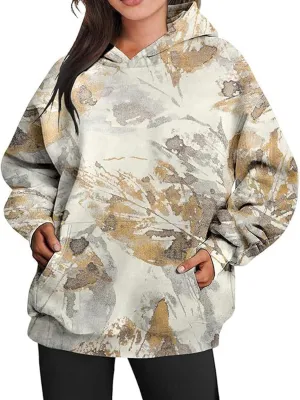 Womens Camo Hoodies Maple Leaf Print Hooded Camo Sweatshirt Oversized Long Sleeve Pullover Sweatshirts for Women
