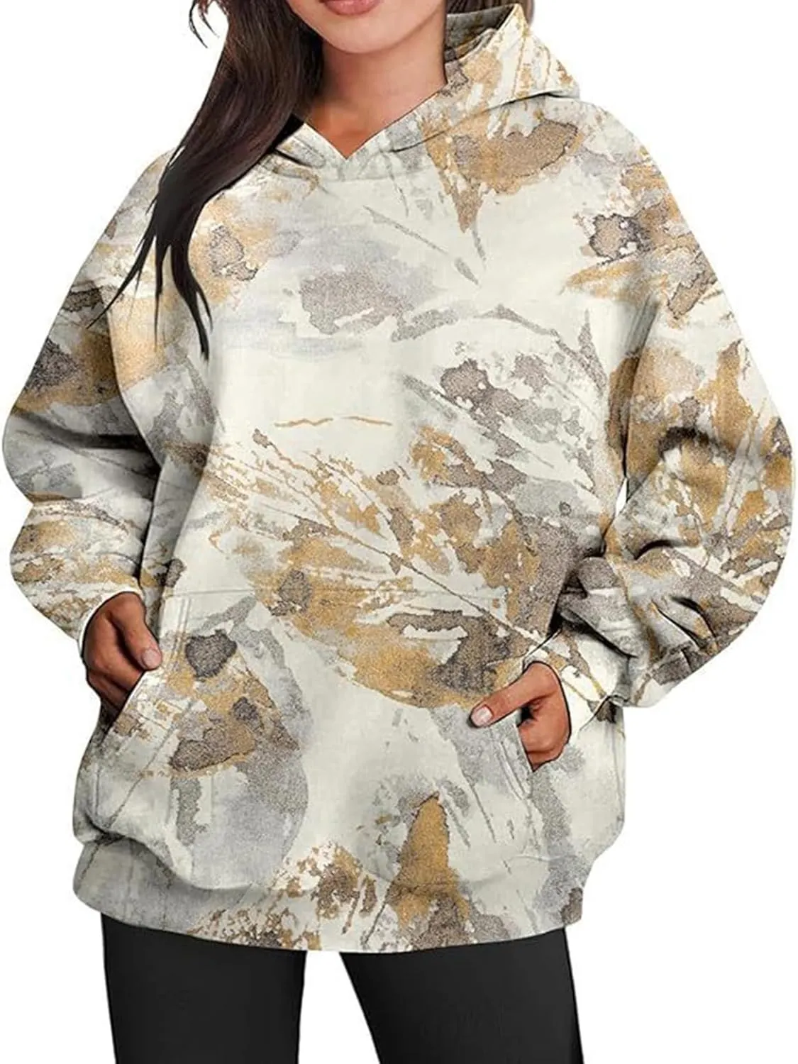 Womens Camo Hoodies Maple Leaf Print Hooded Camo Sweatshirt Oversized Long Sleeve Pullover Sweatshirts for Women