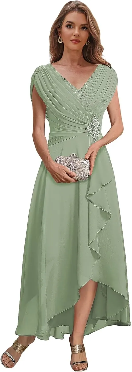 Women's Cap Sleeves Mother of The Bride Dresses for Wedding Tea Length Formal Dress High Low Evening Gown