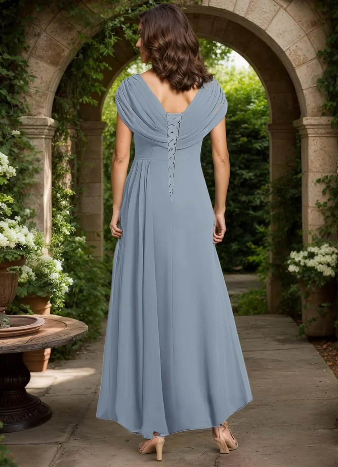 Women's Cap Sleeves Mother of The Bride Dresses for Wedding Tea Length Formal Dress High Low Evening Gown