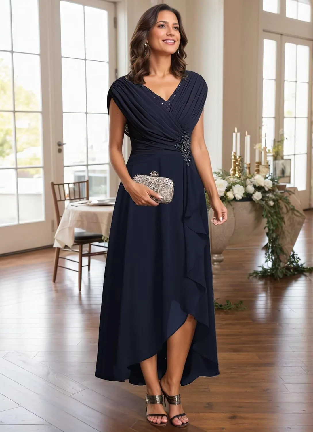 Women's Cap Sleeves Mother of The Bride Dresses for Wedding Tea Length Formal Dress High Low Evening Gown