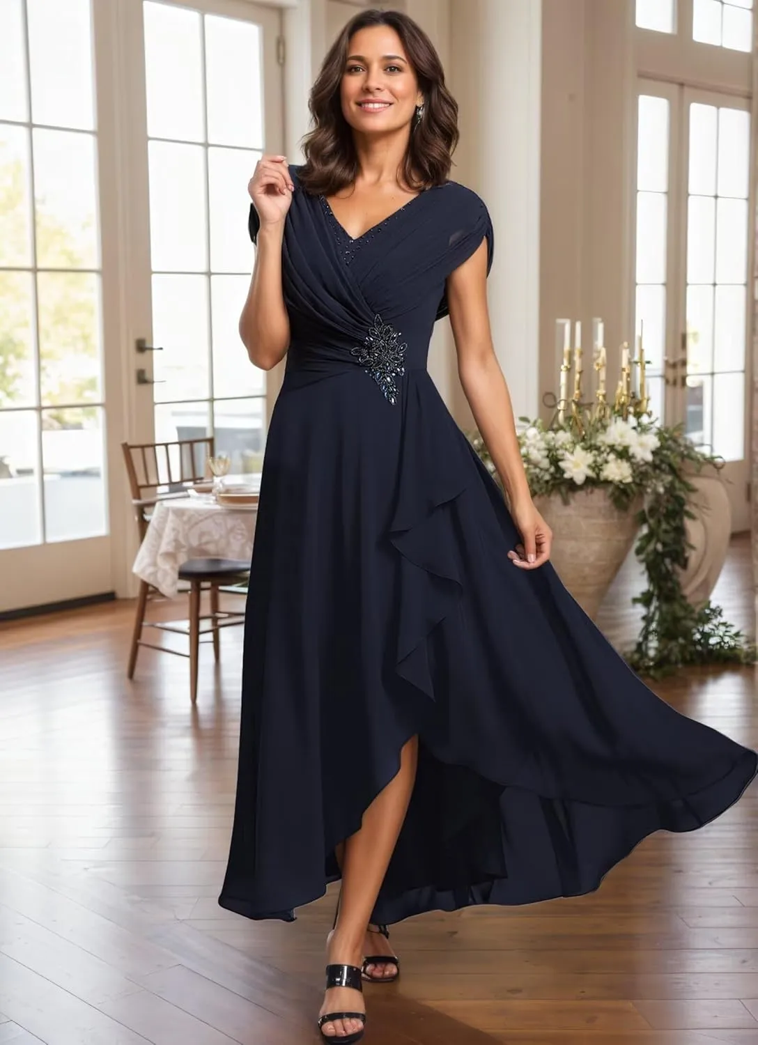 Women's Cap Sleeves Mother of The Bride Dresses for Wedding Tea Length Formal Dress High Low Evening Gown