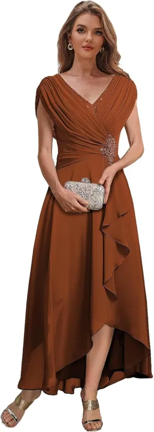 Women's Cap Sleeves Mother of The Bride Dresses for Wedding Tea Length Formal Dress High Low Evening Gown