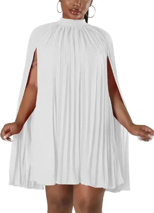 Womens Casual Cape Sleeve Pleated Split Short Dress Loose Fit Cocktail Party Flowy Dress