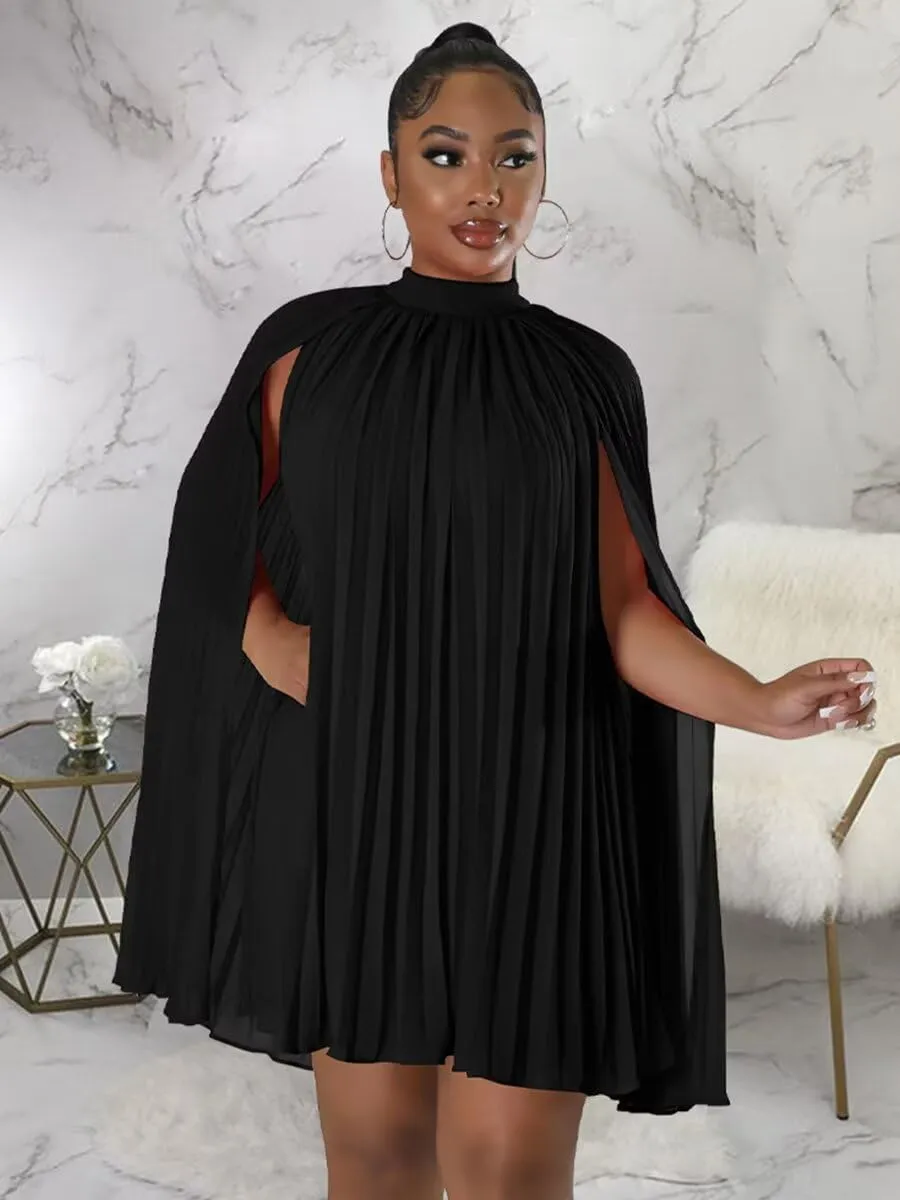 Womens Casual Cape Sleeve Pleated Split Short Dress Loose Fit Cocktail Party Flowy Dress