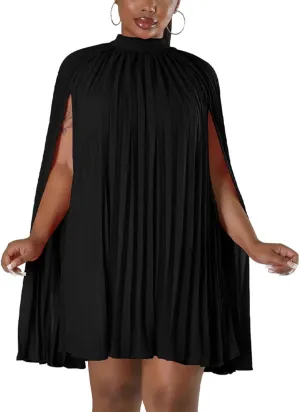 Womens Casual Cape Sleeve Pleated Split Short Dress Loose Fit Cocktail Party Flowy Dress