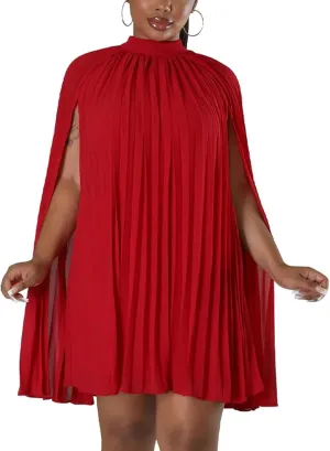 Womens Casual Cape Sleeve Pleated Split Short Dress Loose Fit Cocktail Party Flowy Dress