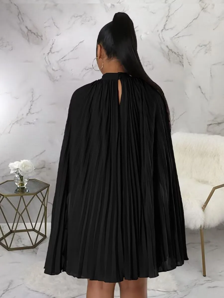 Womens Casual Cape Sleeve Pleated Split Short Dress Loose Fit Cocktail Party Flowy Dress