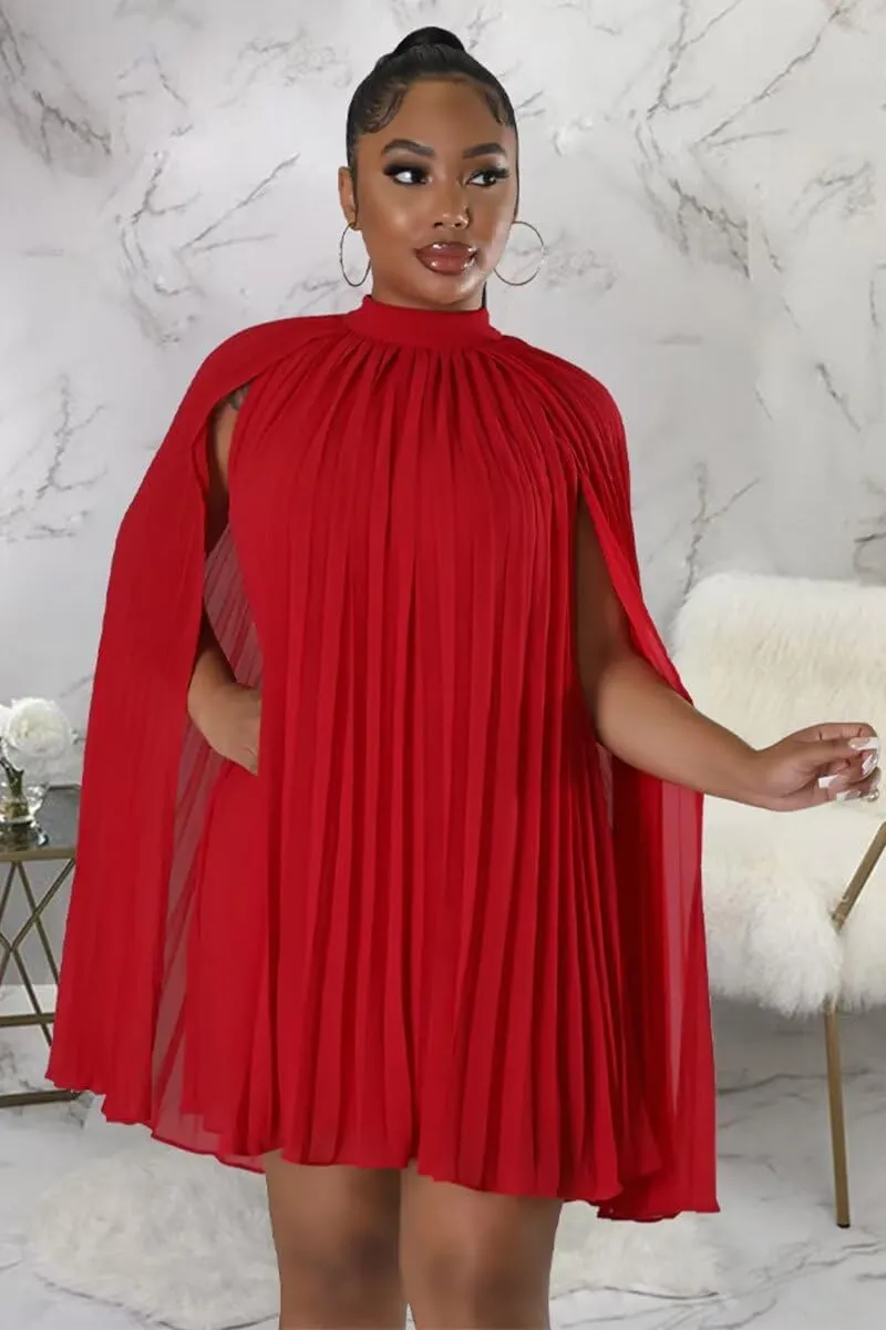 Womens Casual Cape Sleeve Pleated Split Short Dress Loose Fit Cocktail Party Flowy Dress