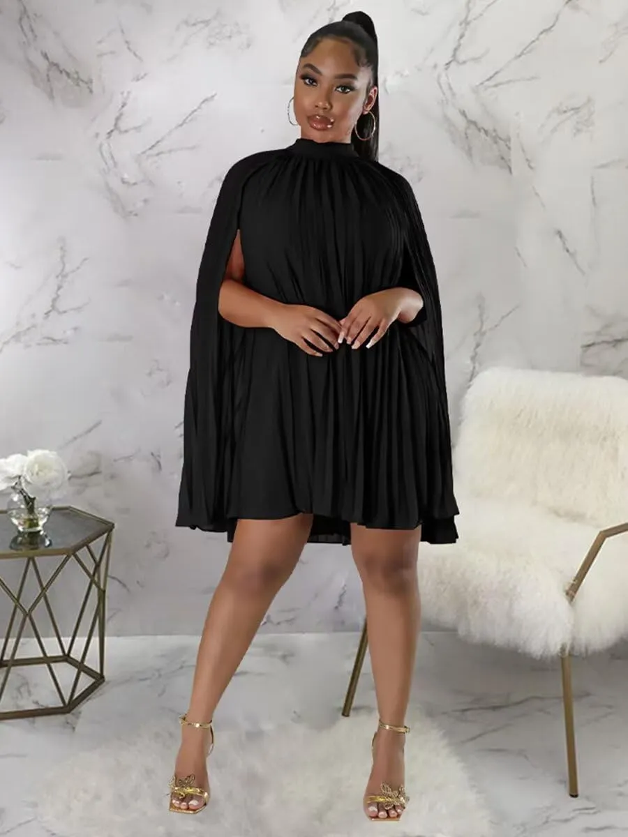 Womens Casual Cape Sleeve Pleated Split Short Dress Loose Fit Cocktail Party Flowy Dress