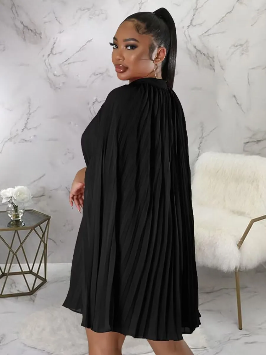 Womens Casual Cape Sleeve Pleated Split Short Dress Loose Fit Cocktail Party Flowy Dress