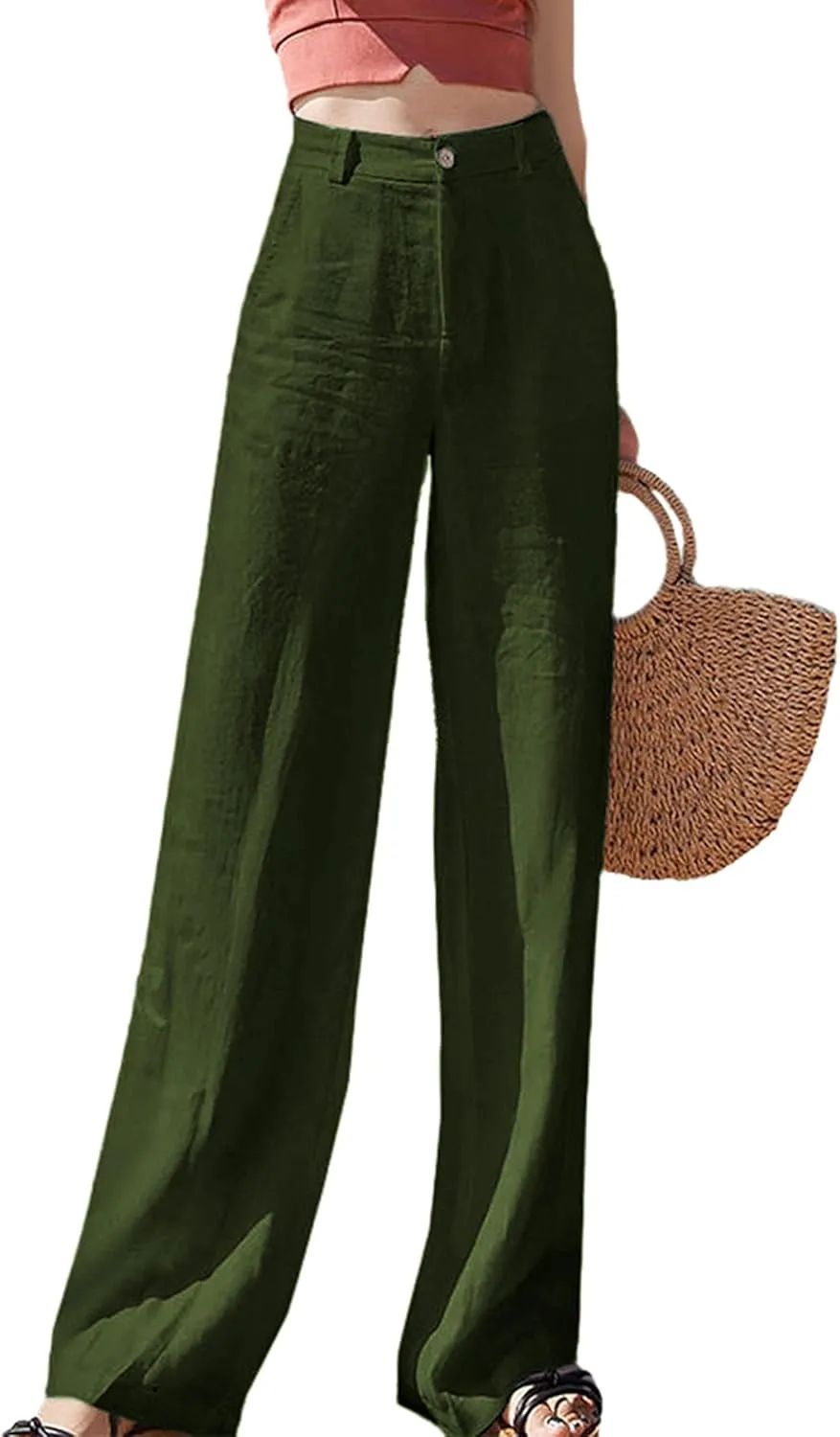 Womens Casual High Waist Pants Cotton Linen Wide Leg Pants Botton Up Palazzo Trousers
