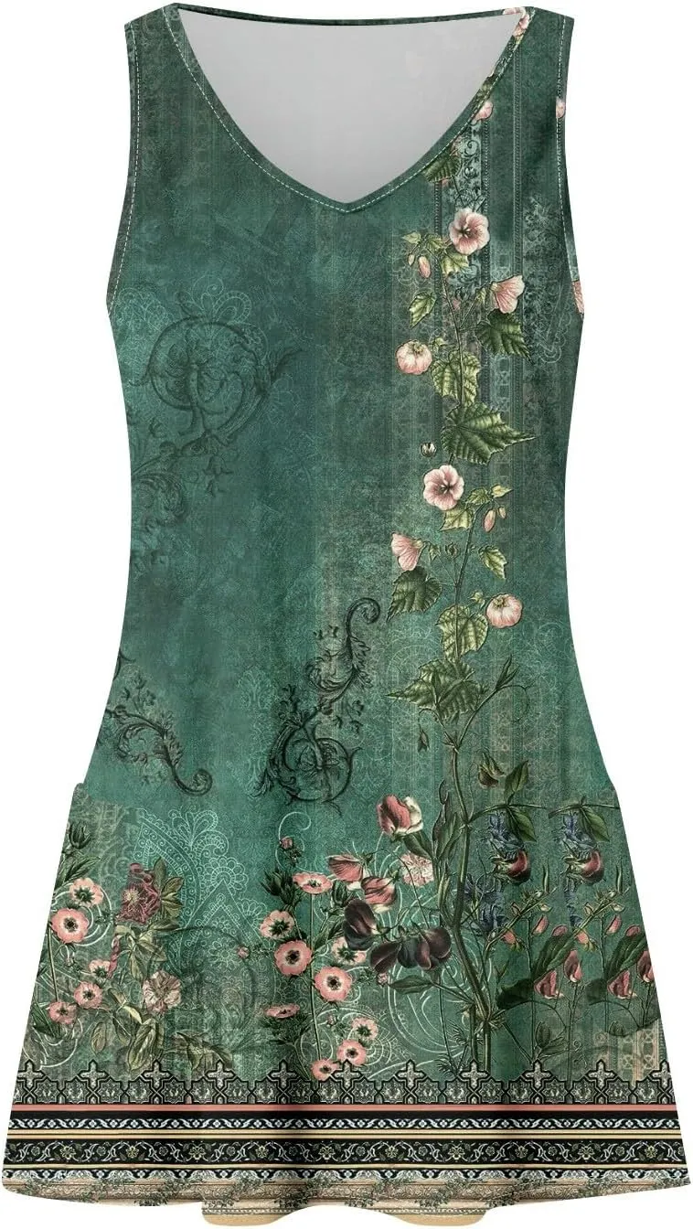 Women's Casual Summer Sundress Sleeveless A-Line Beach Dresses V Neck T-Shirts Dress with Pockets