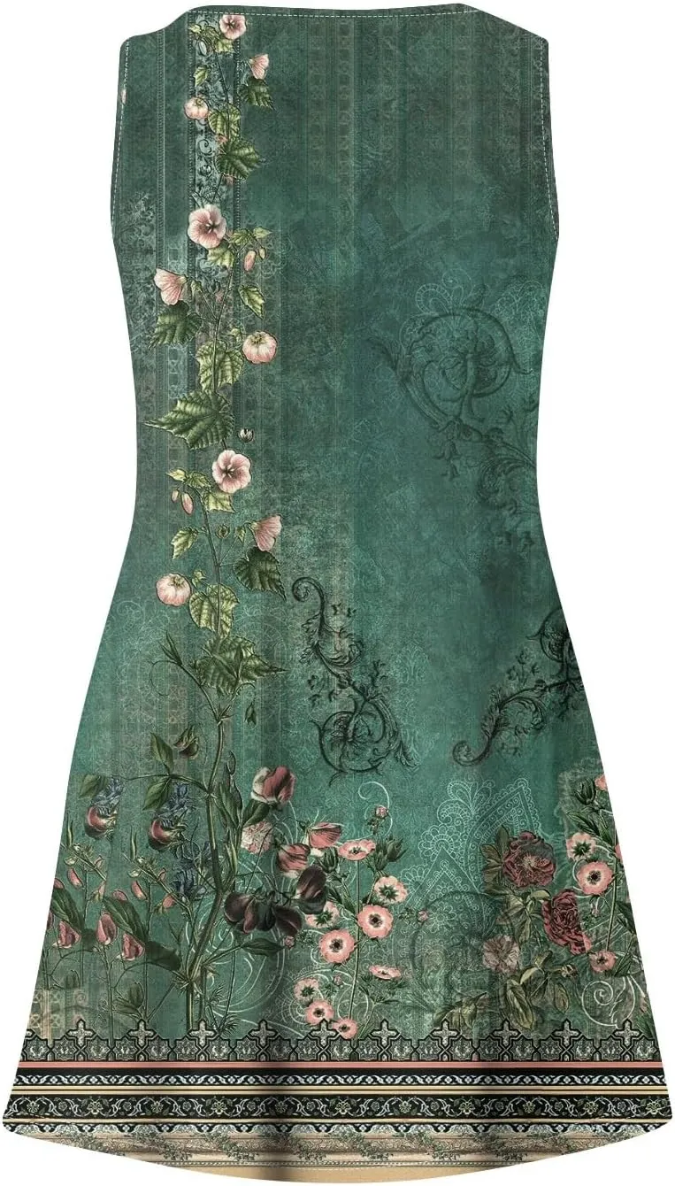 Women's Casual Summer Sundress Sleeveless A-Line Beach Dresses V Neck T-Shirts Dress with Pockets