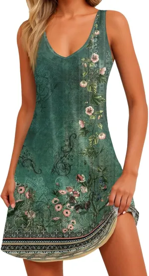 Women's Casual Summer Sundress Sleeveless A-Line Beach Dresses V Neck T-Shirts Dress with Pockets