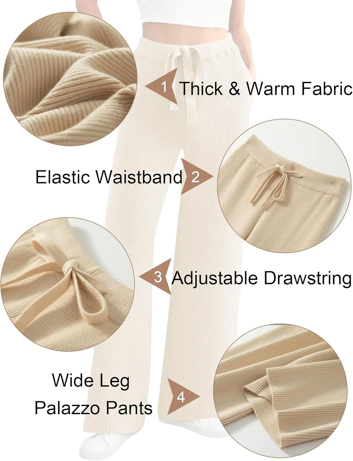 Women's Casual Wide Leg Pants Fall Winter Elastic Waist Loose Rib Knit Lounge Palazzo Trousers High Waist Sweater Pant