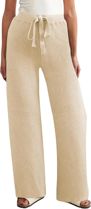 Women's Casual Wide Leg Pants Fall Winter Elastic Waist Loose Rib Knit Lounge Palazzo Trousers High Waist Sweater Pant