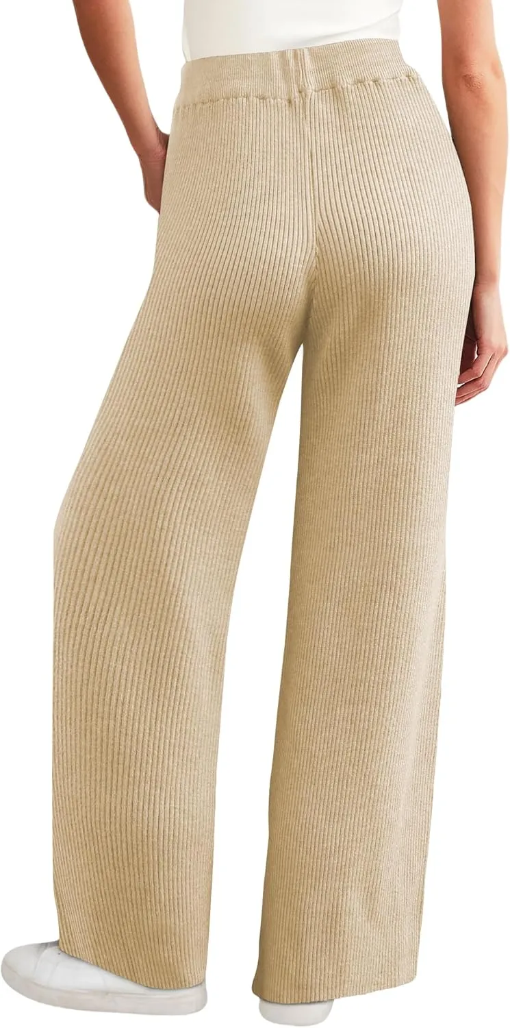 Women's Casual Wide Leg Pants Fall Winter Elastic Waist Loose Rib Knit Lounge Palazzo Trousers High Waist Sweater Pant
