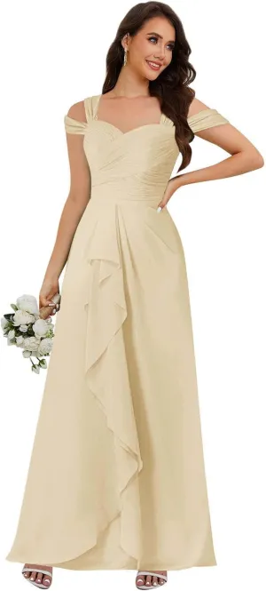 Women's Cold Shoulder Bridesmaid Dresses Pleated Chiffon Formal Evening Gown
