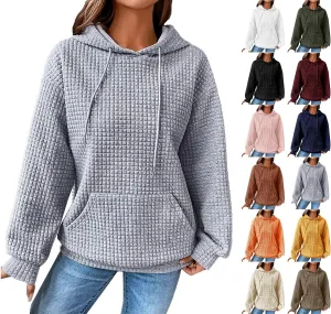 Womens Comfort Hoodies for Anxiety Casual Long Sleeve Drawstring Waffle Pullover Loose Hooded Sweatshirt with Pocket