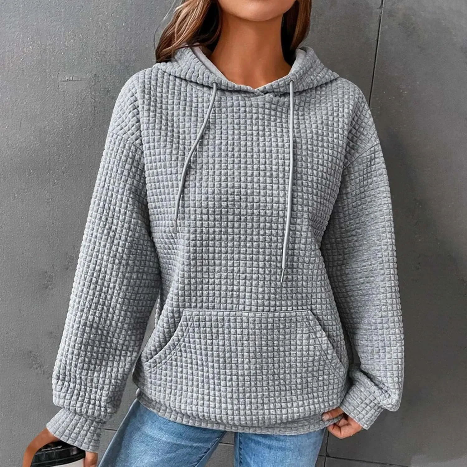 Womens Comfort Hoodies for Anxiety Casual Long Sleeve Drawstring Waffle Pullover Loose Hooded Sweatshirt with Pocket